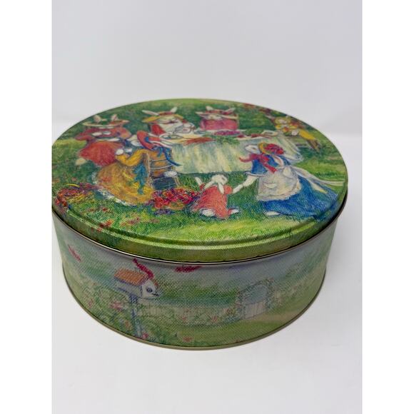 Metal Storage Tin Bunny Tea Garden Party 9.5” x 4” 'Rabbit Tea Party' - Picture 1 of 7